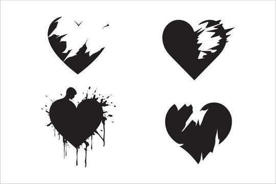 Broken heart gothic vector Silhouette set, love sign gothic Silhouette and cracked grunge Silhouette shapes.