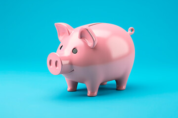 3d pink piggy bank pig with blue background