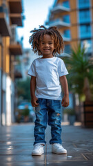 Fototapeta premium African boy walking down the street of summer urban modern city