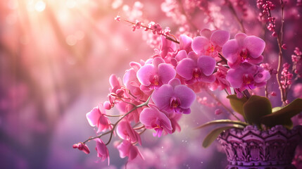 A vibrant display of lilac and cherry blossoms, heralding the fresh and colorful beauty of spring gardening - obrazy, fototapety, plakaty