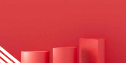 3 semi-cylinder Product Podium - Red Podium, Red Background. 3D Illustration. Light coming through window