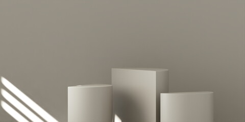 3 semi-cylinder Product Podium - Ivory Podium, Ivory Background. 3D Illustration. Light coming through window