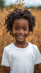 African boy in white t-shirt and jeans on background summer field.