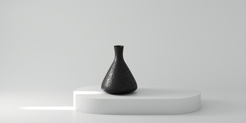 Product Podium - White Oblong Podium with empty black flower vase, white Background. 3D Illustration