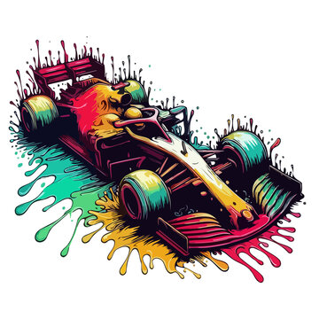 Top view of a jet racing car with gradient paint splashes