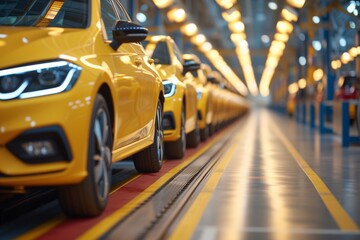 Production process In an electric car factory, Row of cars on an assembly line in a bright industrial automotive plant, symbolizing mass production. perfectly in a modern car manufacturing facility