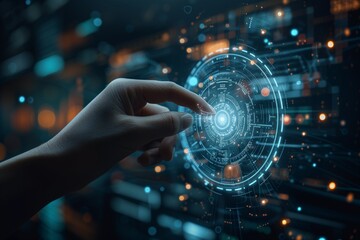 Finger touching futuristic interface, representing advanced digital technology and data access. Digital touch interaction with holographic interface, exemplifying modern computing and connectivity.