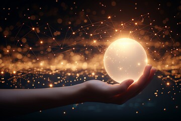 Hand cradling a digital representation of network connections, symbolizing global connectivity. Glowing orb of network lines in palm, illustrating concepts of communication and technology