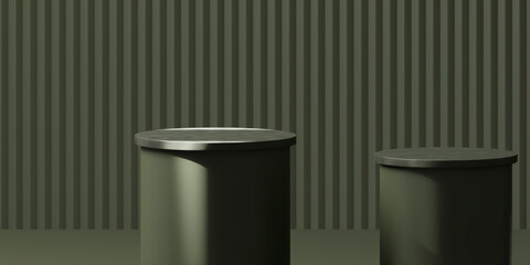 Dark green podium with minimal striped Dark green backdrop,  abstract mockup for product or sales presentation. 3d rendering
