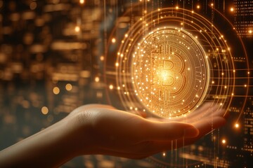 Bitcoin held above digital interface suggesting blockchain technology and cryptocurrency security. Cryptocurrency concept with hand holding Bitcoin over secure digital network interface.