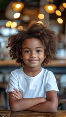 African boy in white t-shirt and jeans sitting at table at modern cafe.