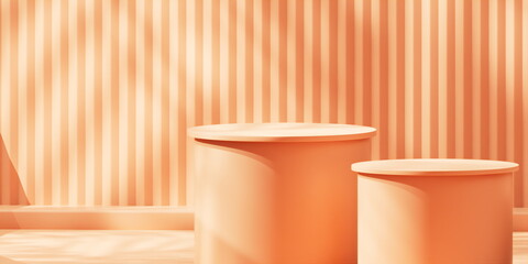 Peach podium with minimal striped Peach backdrop, abstract mockup for product or sales presentation. 3d rendering