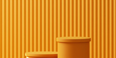 Orange podium with minimal striped Orange backdrop, abstract mockup for product or sales presentation. 3d rendering