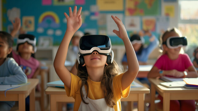 A group of diverse elementary school children are engaged in a futuristic learning activity, wearing virtual reality headsets in a bright, colorful classroom.