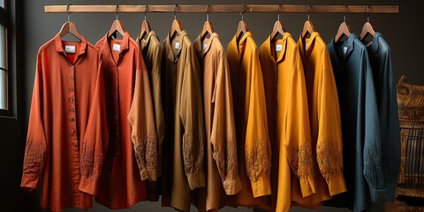 Row of embroidered shirts in warm tones on wooden hangers against a dark background