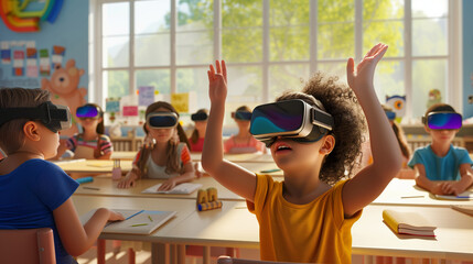 A group of diverse elementary school children are engaged in a futuristic learning activity, wearing virtual reality headsets in a bright, colorful classroom. - obrazy, fototapety, plakaty