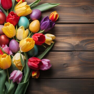 colorful easter background with tulips on wooden board. find similar images with different formats in my portfolio. 