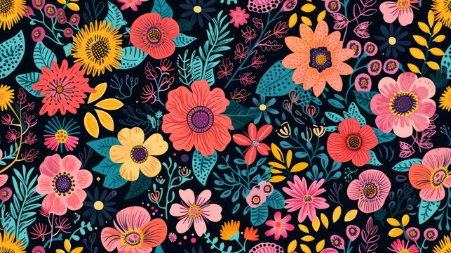 Handdrawn flower, boho, , seamless pattern isolated on black background. Generative Ai