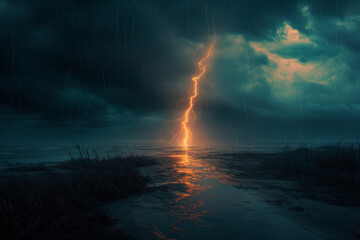 Fototapeta premium A Dramatic Lightning Strike Illuminates the Sky, Displaying Nature's Power and Majesty.