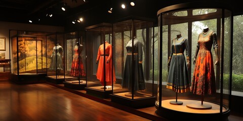 Historical dresses exhibited in glass cases with warm lighting in a museum