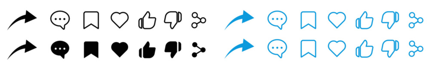 Social media interface icon set. Like, unlike, share, message, thumb and save line style simple black style symbol sign for apps and website, vector illustration isolated element.
