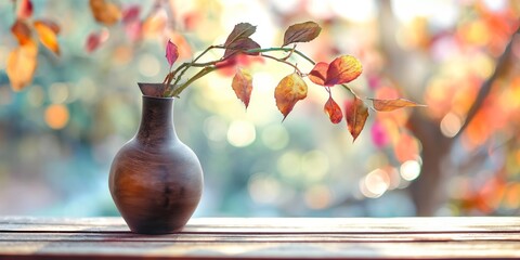 Light brown empty vase on wooden background and tree branches with colorful autumn leaves on blurred background.