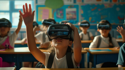 A group of diverse elementary school children are engaged in a futuristic learning activity, wearing virtual reality headsets in a bright, colorful classroom.