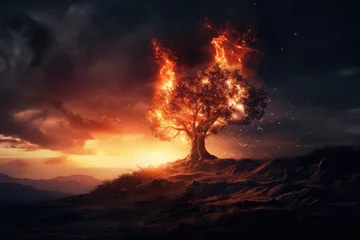 Fototapeten cinematic scene of a burning tree on a hill. dramatic cloudy sky.  © CreativeCreations