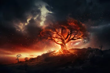 Foto auf Acrylglas cinematic scene of a burning tree on a hill. dramatic cloudy sky.  © CreativeCreations