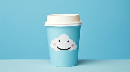 Cute coffee cup with happy face on blue background, perfect for coffee shops and blue monday concept