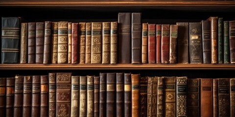 vintage leather books in old shelf. 