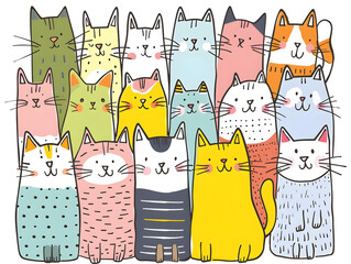 Illustration of cute doodle cats in style of hand drawn on white background