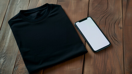 Top view of blank black tshirt unisex mockup with empty screen smartphone for design template on wood background