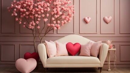 Cozy beige sofa with pink heart shaped pillows and potted plants in the background