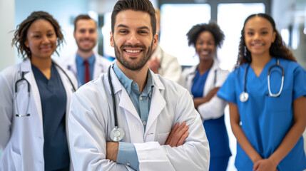 Fototapeta premium diverse group of smiling healthcare professionals, including doctors and nurses