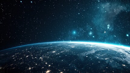 Fototapeta premium Planet Earth's blue horizon illuminated by the sun with a vast starry universe stretching into the distance.