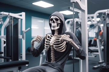 Funny skeleton in fitness gym training, skull weightlifting fitness or gym.