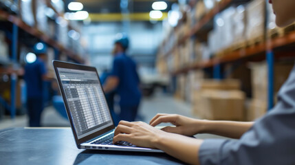 person from behind, working on a laptop with charts and data on the screen