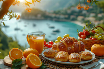 orange juice and fruits, summer, sea panorama
