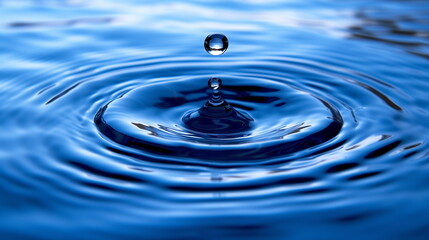 pristine water droplet falls, touching the tranquil blue surface, creating a series of symmetrical ripples expanding outward