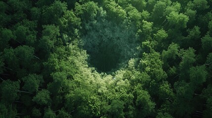 A lush forest canopy is dramatically interrupted by a deep, dark sinkhole, an intriguing natural phenomenon from an aerial perspective. - obrazy, fototapety, plakaty