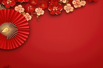 Obraz premium Red paper fans top view, Happy Chinese New Year banner design.
