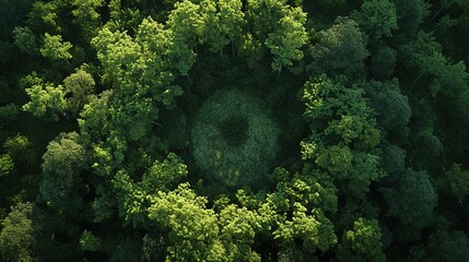 An intriguing circular clearing forms a natural contrast within the dense, vibrant forest canopy in...
