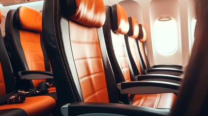 Empty business class passenger seats in the cabin of a commercial aircraft interior