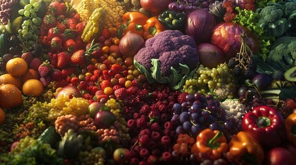 An abundant assortment of fresh fruits and vegetables, with vibrant colors ranging from green grapes to purple cauliflower, symbolizing diversity in healthy eating.