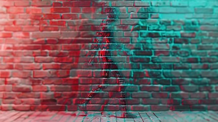 Digital art of a person's silhouette appearing to walk with a glitched 3D effect against a rustic brick wall background, in cyan and red tones.