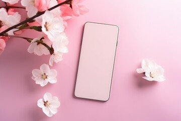 Mobile phone mockup with cherry blossom. Invitation with happy Chinese New Year