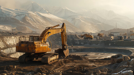 Wide shot excavator parking on top with mining industry background ,generative ai