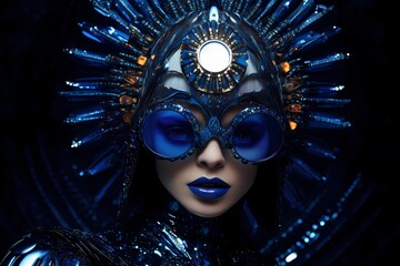 Galactic icon in a parametric pop outfit, embodying the essence of fashionista in a surreal setting with intense, dramatic lighting and striking, detailed eyes.