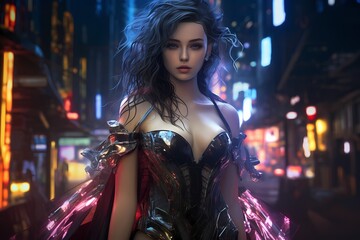 Cyberpunk princess with fine line textures, donning a parametric pop gown, surrounded by neon lights and a dramatic cityscape, embodying intense futuristic allure.